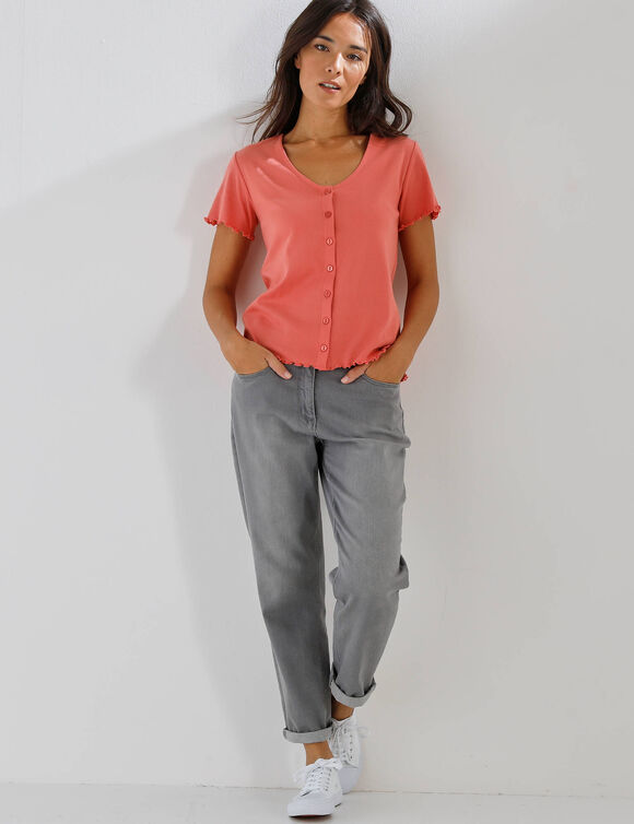 T-shirt col V boutonn&eacute;, finition frisottis (corail)