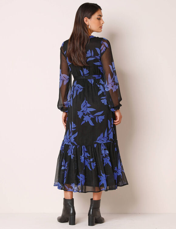 Robe longue volant, voile imprim&eacute; (noir / bleu)