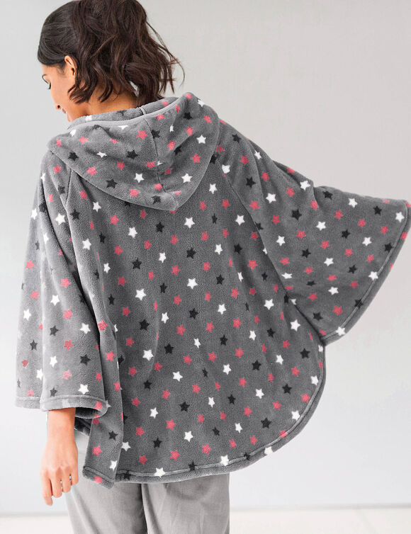 Poncho in fleece met pluchetouch en kap (grijs / roze)