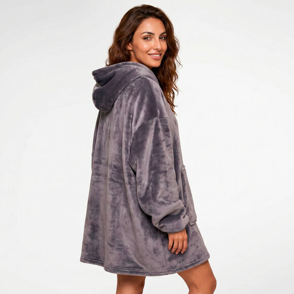 Hoodie-plaid in fleece met kap en sherpavoering (grijs)