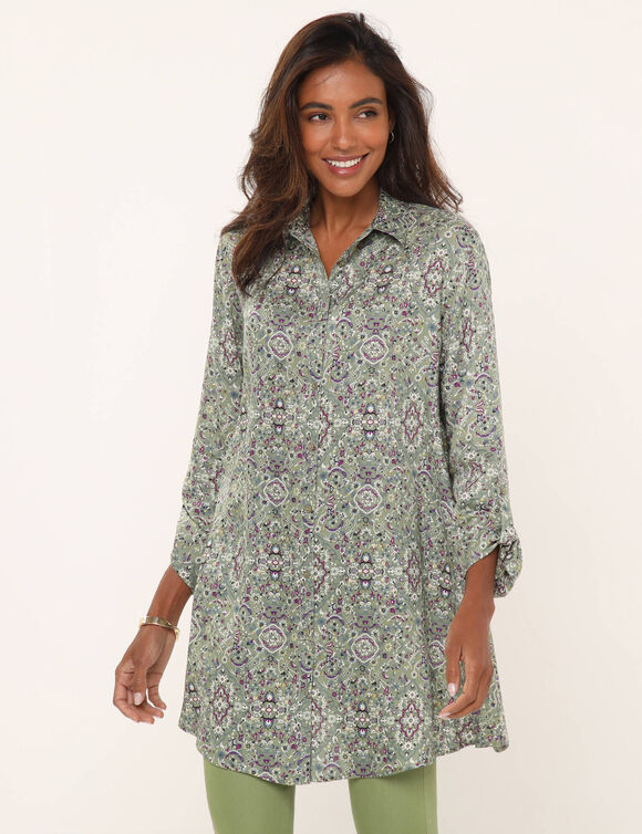 Tunique longue col chemise, imprimé cachemire (tilleul)