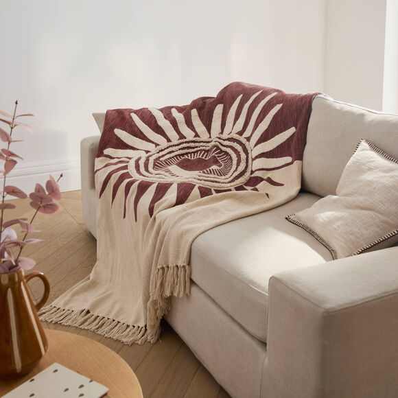 Plaid textur&eacute; motif soleil (bordeaux / &eacute;cru)