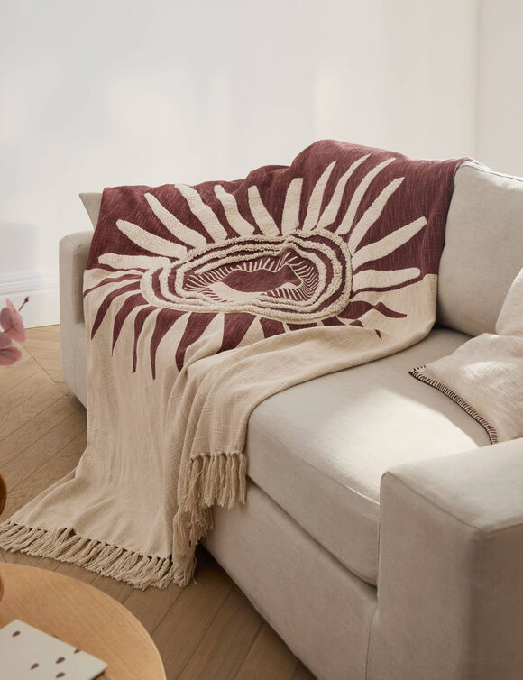 Plaid textur&eacute; motif soleil (bordeaux / &eacute;cru)