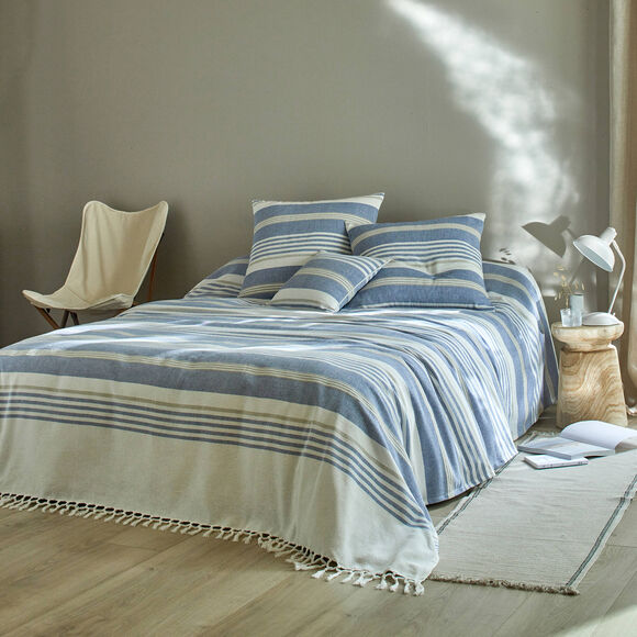 Plaid jeté multicolore coton tissage artisanal (bleu)
