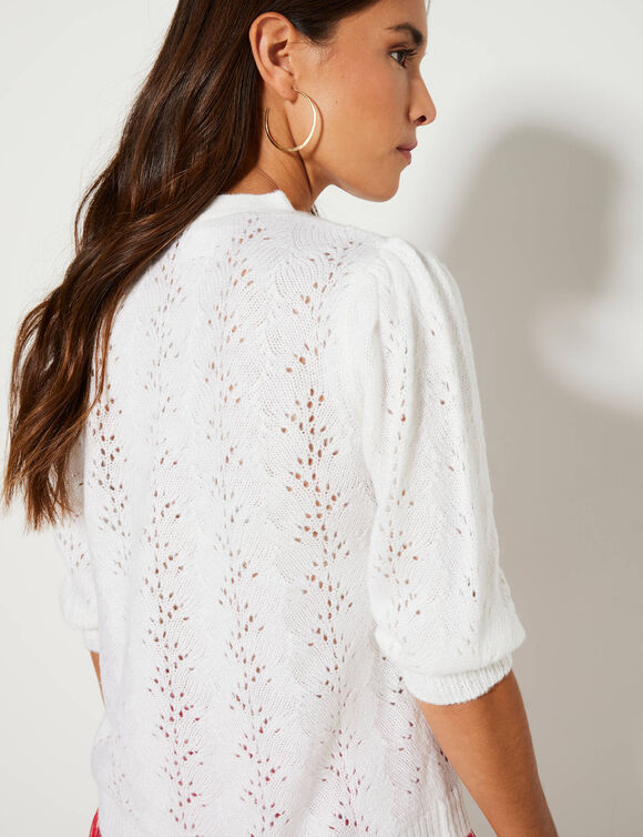Gilet col V, maille ajourée (blanc)
