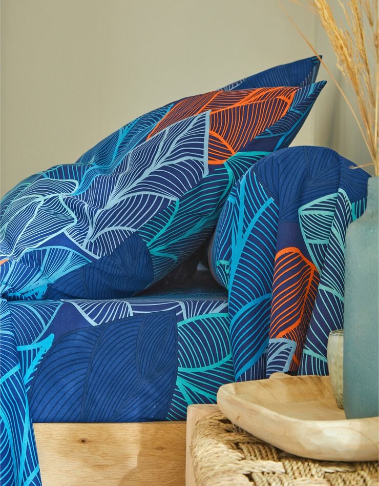 Linge de lit Elsa en polycoton à motifs feuilles, bleu, hi-res image number 4