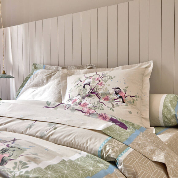 Linge de lit Birdy en coton imprimé oiseaux (sable)