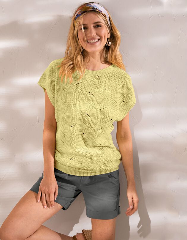 Pull manches courtes, maille fantaisie (anis)
