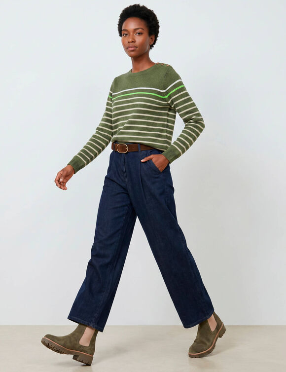 Pull col rond ray&eacute; marini&egrave;re, boutons &eacute;paule (kaki / &eacute;cru)
