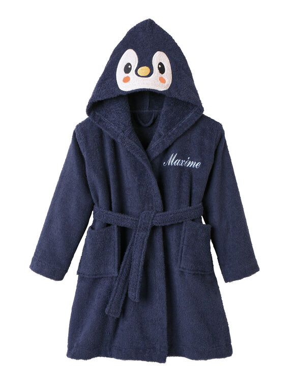 Peignoir de bain enfant personnalisable Pingouin, à capuche (bleu)