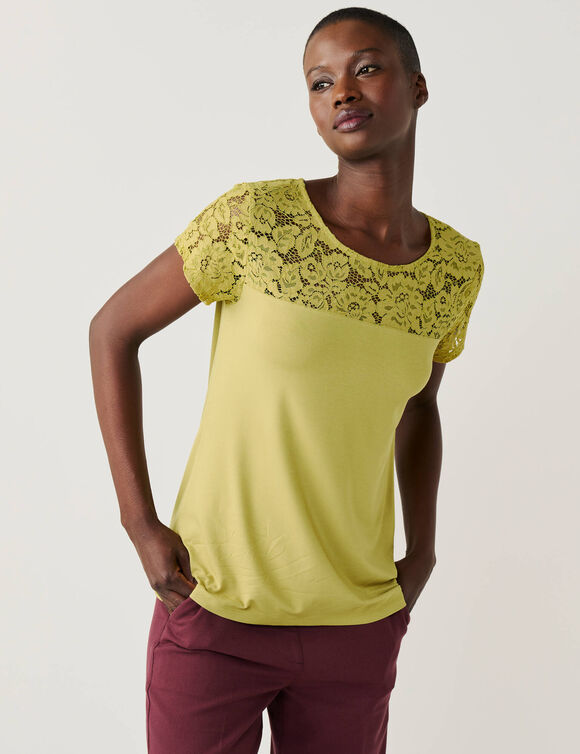 T-shirt met korte mouwen en kant (olijfgroen)