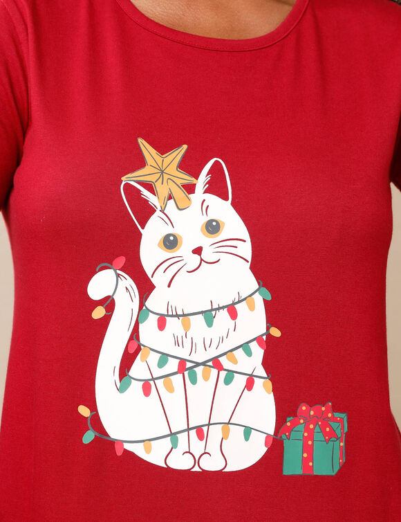 Pyjama pantalon de No&euml;l "chat" en coton-flanelle, avec chouchou (rouge)
