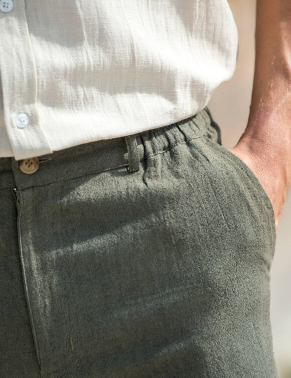 Bermuda coton - lin, 3/4 élastiqué (kaki)