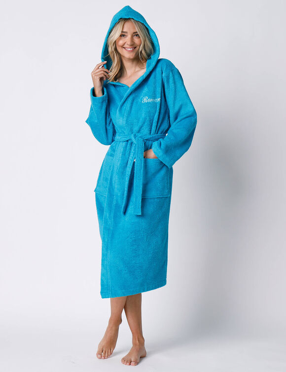 Gepersonaliseerde badjas met capuchon voor volwassenen (unisex) - lusjesbadstof 380 g/m&sup2; (turkoois)