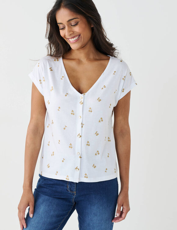 T-shirt col V boutonn&eacute; imprim&eacute; cerises dor&eacute;es (blanc / dor&eacute;)