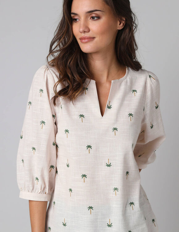 Blouse manches 3/4, broderies palmiers (ecru)