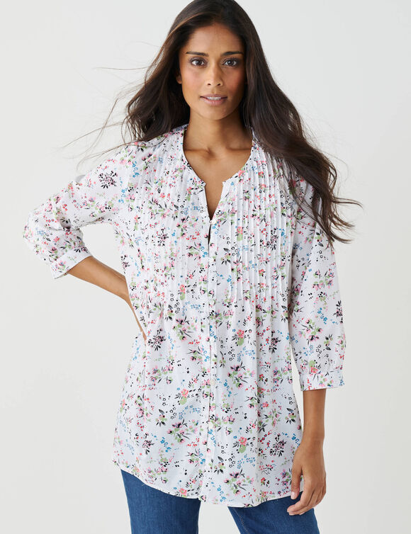 Tunique boutonnée à plis imprimé fleuri (blanc)