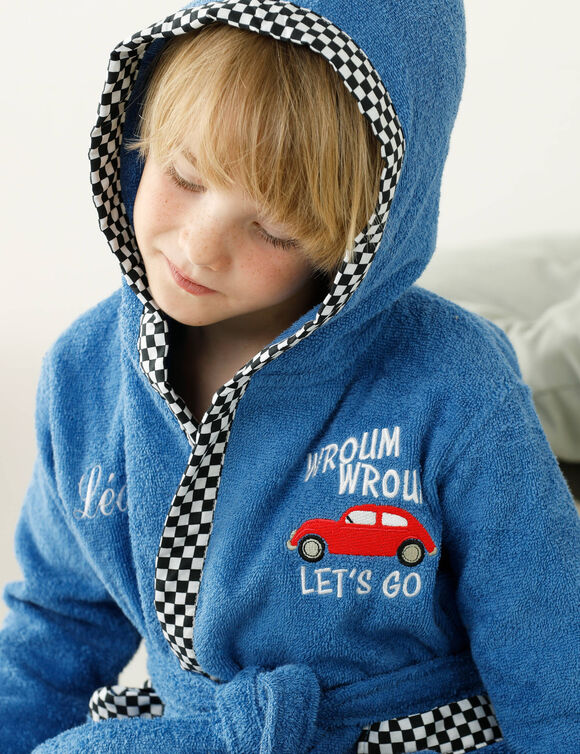 Badjas voor kinderen met kap en automotief, personaliseerbaar, katoenen badstof - 340 g/m2 (felblauw)