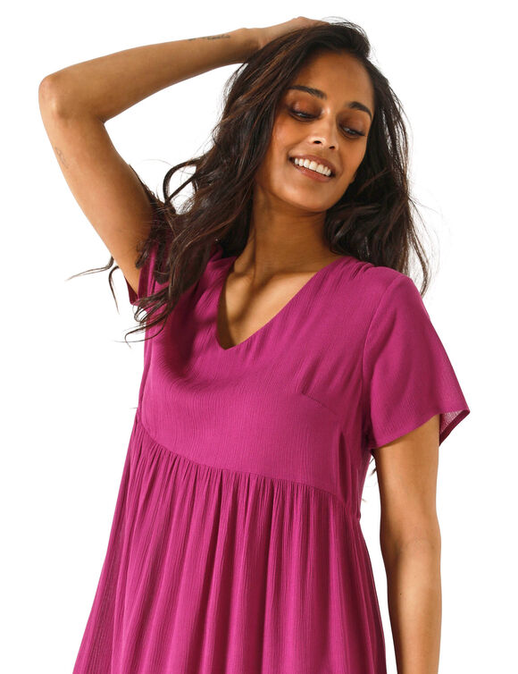 Robe col V longue unie, cr&eacute;pon (violine)