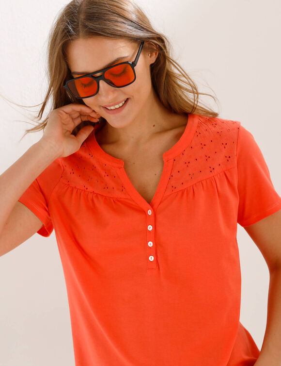 T-shirt col tunisien manches courtes, broderie anglaise (orange)