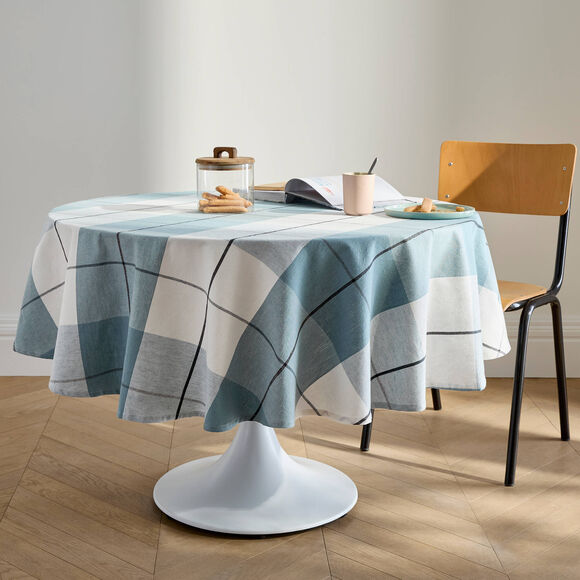 Nappe carreaux coton lin tiss&eacute; teint (bleu gris&eacute;)