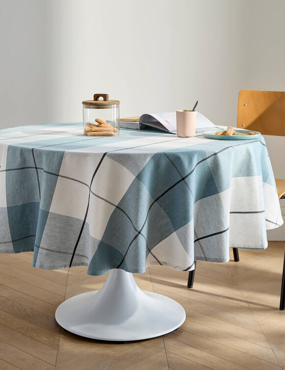 Nappe carreaux coton lin tiss&eacute; teint (bleu gris&eacute;)