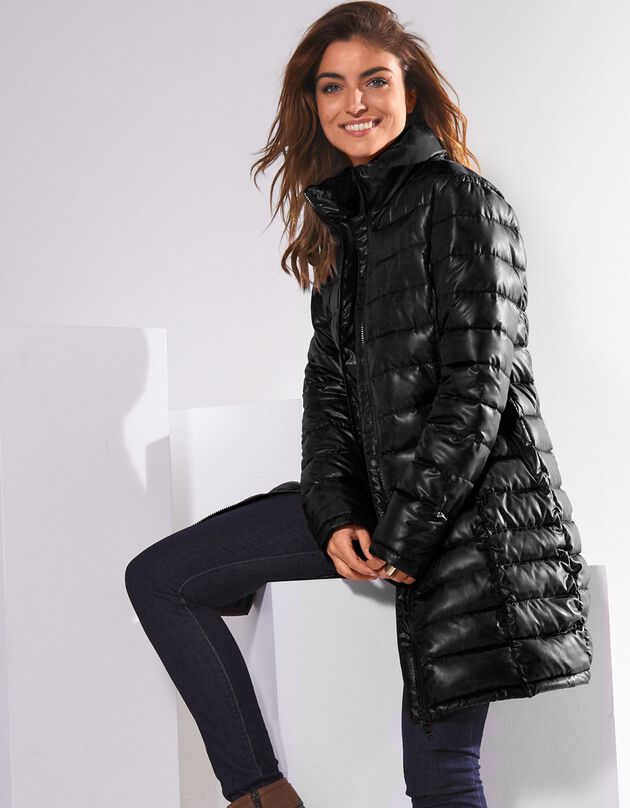 Lichte gewatteerde jas, lang model, zwart, hi-res