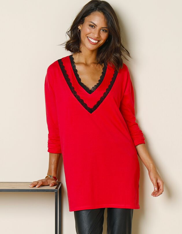 Tuniek met lange mouwen in tricot en kant (rood)