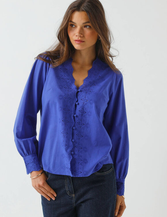 Bloes met broderie anglaise, katoen (felblauw)