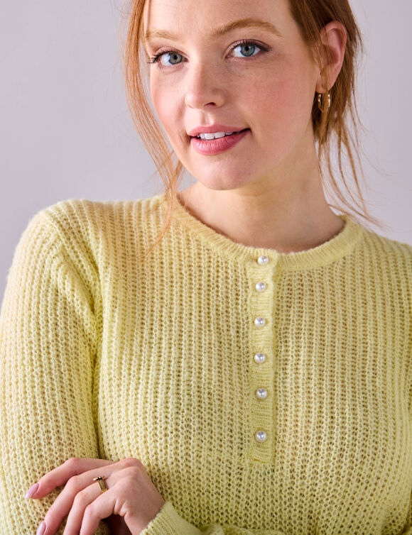 Pull col tunisien, maille anglaise toucher doux (jaune pâle)
