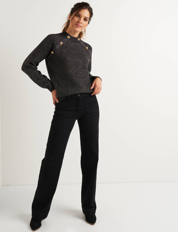 Pull boutonn&eacute; maille anglaise et fil brillant (anthracite chin&eacute;)