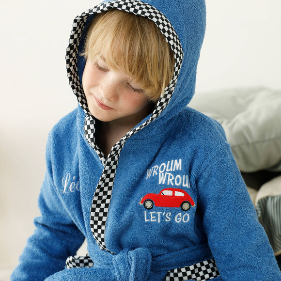 Badjas voor kinderen met kap en automotief, personaliseerbaar, katoenen badstof - 340 g/m2 (felblauw)