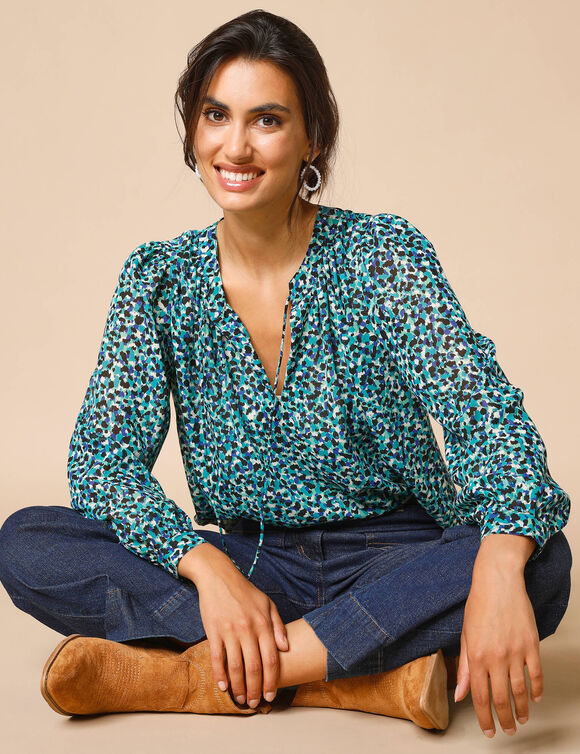 Blouse col tunisien imprimé animalier, manches longues (vert / bleu)