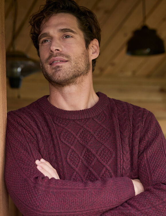 Pull col rond maille irlandaise (bordeaux chin&eacute;)