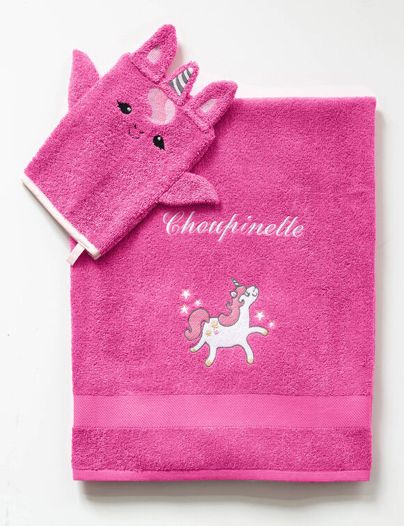 Collection &eacute;ponge enfant brod&eacute;e licorne personnalisable coton (fuchsia)