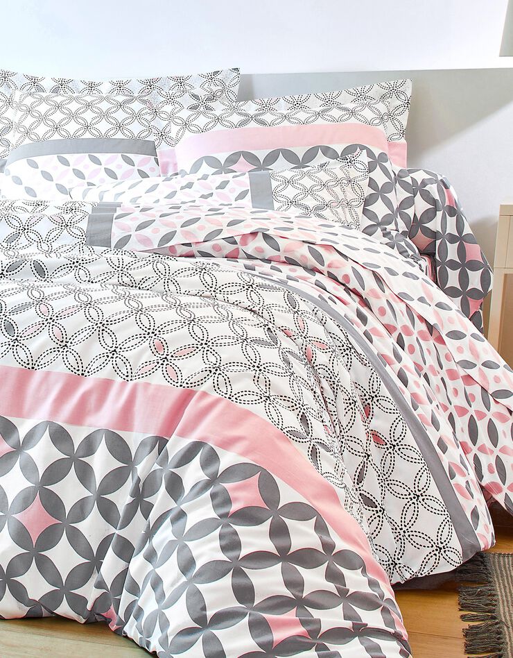 Bedlinnen Marlox in katoen met geometrische motieven (grijs / roze)