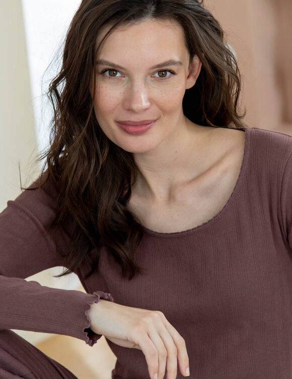 Pyjama met lange mouwen van pointelle-tricot, effen (praline)
