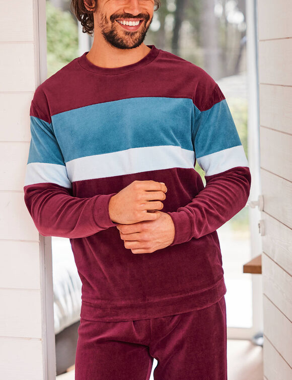Pyjama tricolore velours manches longues (bordeaux)
