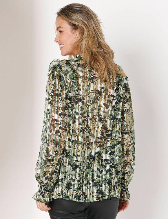 Chemisier imprim&eacute; col officier volant&eacute; (kaki / gr&egrave;ge)