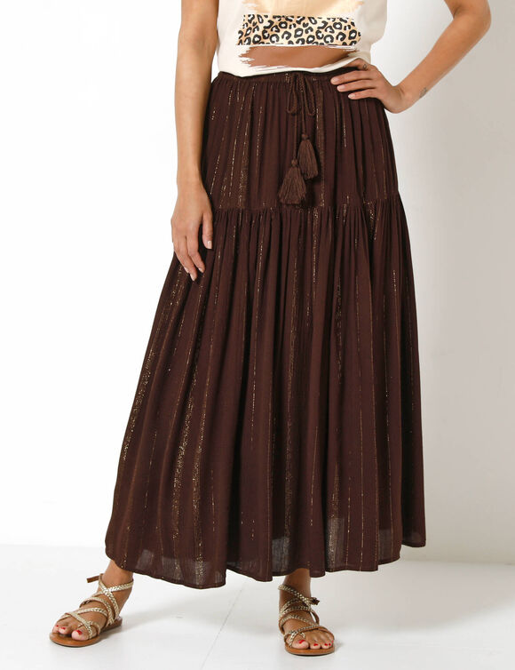 Jupon long en cr&eacute;pon et fils brillants, taille &eacute;lastiqu&eacute;e (chocolat / dor&eacute;)