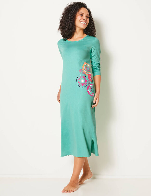 Chemise de nuit longue manches longues imprim&eacute; rosaces (lagon)