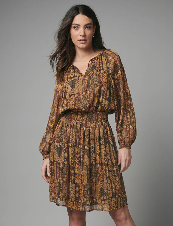 Robe courte en voile imprim&eacute; (chocolat / vert)