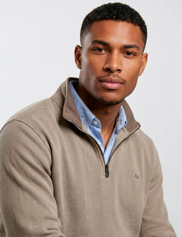 Sweat chaud col montant zipp&eacute; maille c&ocirc;tel&eacute;e (beige)