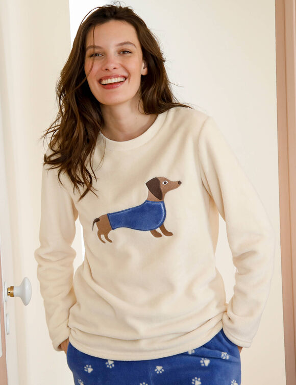 Pyjama manches longues en polaire, imprim&eacute; "teckel" (&eacute;cru / bleu)