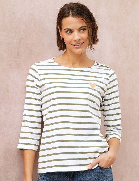 T-shirt marini&egrave;re broderie coeur dor&eacute; en coton biologique(**) (blanc / kaki clair)