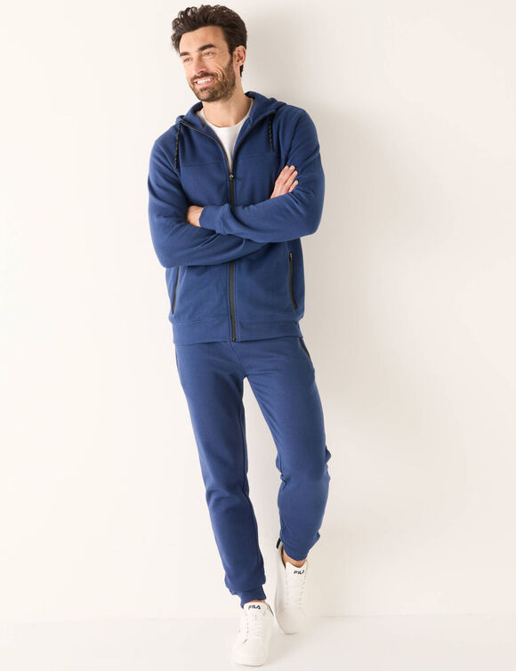 Sweat zippé à capuche molleton gratté détails contrastés (bleu denim)