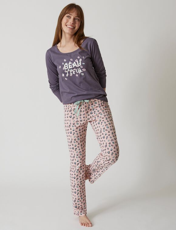 Tee-shirt manches longues coton uni imprimé placé "Beautiful" (gris anthracite)