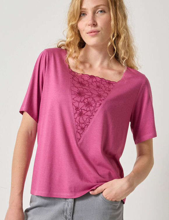 Geborduurd boxy T-shirt, korte wijde mouwen (vijgenkleur)