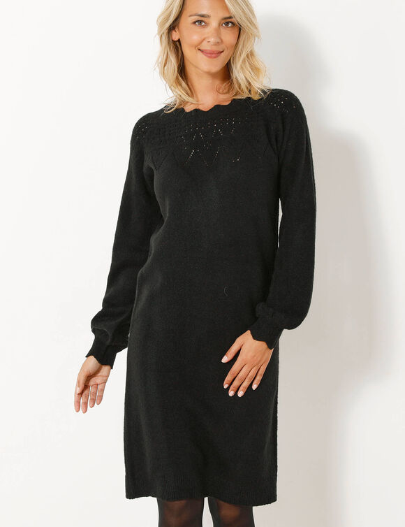 Robe pull finition écailles, maille fantaisie (noir)