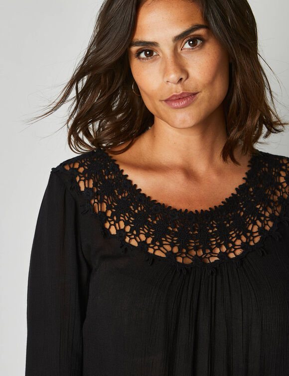 Tunique macramé manches 3/4, crépon (noir)